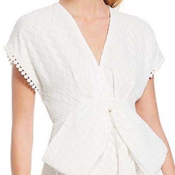 Sachin & Babi Bolton Chevron Bow A-Line Short Sleeve V-Neck Ivory Mini Dress 8 - Picture 2 of 5